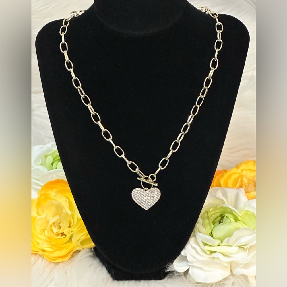 Heart Toggle Clasp Pendant Necklace With Micro Pave Diamonds & Link Chain NEW!